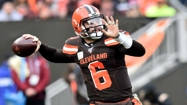 Nov 10, 2019; Cleveland, OH, USA; Cleveland Browns quarterback Baker Mayfield (6) throws a pass during the first half against the Buffalo Bills at FirstEnergy Stadium. Mandatory Credit: Ken Blaze-USA TODAY Sports
